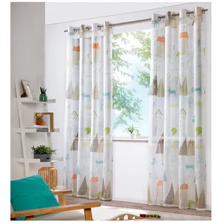 heimtexland ® Vorhang Kindergardine Skandi Leinen Optik Natur Bunt Deko Gardine Kinderzimmer Transparent Typ755 Ösenschal HxB 225x135 cm