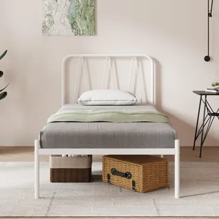 Novilla Bettrahmen 90 x 200 cm, Bettgestell mit Lattenrost aus Metall , Kopfteil mit Wellenmuster im modernen Stil,Modern Gästebett, Weiß