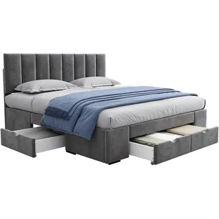 Polsterbett 160x200 aus Samt mit 4 Schubladen, verstellbarem Kopfteil und Lattenrost – klassisches Design, hoher Komfort, zusätzlicher Stauraum, Grau