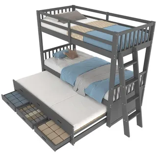SOFTWEARY Etagenbett mit 2 Schlafgelegenheiten, Ausziehbett und Schubladen (90x200 cm, mit Leiter und Rausfallschutz), umbaufähig zu 2 Einzelbetten, Kinderbett, Kiefer grau 105 cm