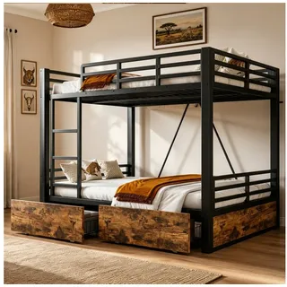 Flieks Etagenbett, Metallbett Kinderbett 140x200cm mit Schubladen und Sicherheitsgeländer schwarz