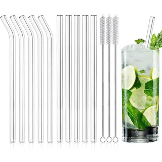 Glasstrohhalme Wiederverwendbar 13 Stück - 5 Gebogene Strohhalme Glas und 5 Gerade Glas Strohhalme 15cm mit 3 Reinigungsbürsten, Geeignet für Bubble Tea, Cocktail, Säfte, Slush