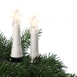 hellum Christbaumbeleuchtung für innen & außen, 16x Riffel-Kerzen je 20 Lumen, Schaft weiß, Weihnachtsbaum Lichterkette mit grünem Kabel, Fassungsabstand 45 cm, inkl. Ersatzlämpchen 640151
