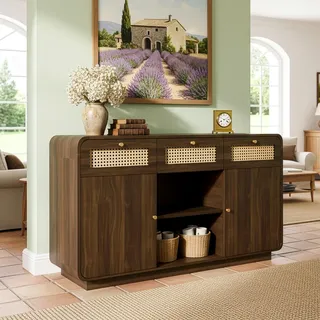 BTM Kommode Sideboard 120cm Nussbaum, Schubladenschrank mit Rattan & Goldgriffen, 3 Schubladen + 2 Schränke + offenes Regal, Höhenverstellbare Einlegeböden, H85/B120/T40 cm