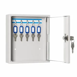LEOMAR Schlüsselschrank, Schlüsselkasten mit 5 Haken, Schlüsselbox aus Stahlblech mit Glastüren, mit Festen Hakenleisten, Organizer zur Wandbefestigung, Abschließbar, 6 x 20 x 17 cm
