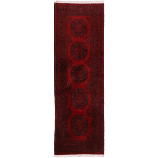 carpetfine Afghan Akhche Läufer Teppich Rot 80x200 cm | Handgeknüpfter Teppich für Wohn- und Schlafzimmer