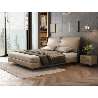mukuhi Lederbett Polsterbett Echtleder 180x200 cm mit hohem Kopfteil, echtes Rindsleder beige