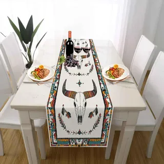 Tischläufer 30x180 cm Amerikanischer Western Tierschädel Tischdeko Leinen | Esszimmer Dekoration Aztekenmuster Geometrie Herbst Weihnachten Urlaub Ethnischer Stammes Tischläufer Pflegeleicht