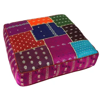 GURU SHOP Orientalisches Eckiges Patchwork Kissen 50 cm, Sitzkissen, Bodenkissen mit Baumwollfüllung - Pink/rot/bunt