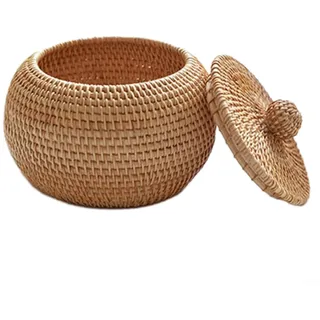 HavenDomicile Gewebter Aufbewahrungskorb mit Deckel für Snacks, Schmuck, Schachfiguren, Rattan, handgefertigt, Organizer, Box, Heimbüro, Dekoration, Braun, 15 x 15 x 12 cm