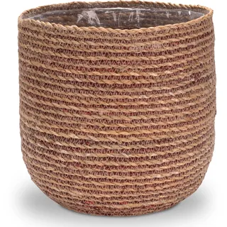 Decorasian Seegras Blumentopf – Übertopf geflochten – dekorativer Planzenkorb mit Folieneinsatz im Boho Stil - Natur/rot, 27cm