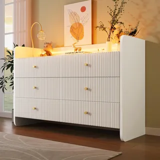 Merax Kommode weiß mit 6 Schubladen, 120cm breit Sideboard mit LED-Licht, Oben offen, modernes Kommodenschrank für Schlafzimmer Wohnzimmer Flur, Mehrzweckschrank aus Holz, Wellenförmiges Rillendesign