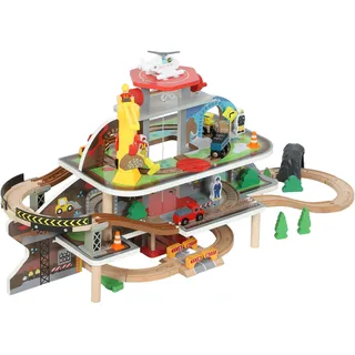 AIYAPLAY Holzeisenbahn Set 3 Ebene 79 Stück für Kleinkinder ab 3 Jahren | Elektrische Lok Zügen, Grundplatte, Kran, Hubschrauber, Magnetisch Holzzug, Eisenbahn Set, für Kinder Jungen Mädchen