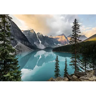 STYLER Glasbild Turquoise Lake 80 x 120 cm I Wandbild Bild Glas modern Küche Wohnzimmer Schlafzimmer Badezimmer I Wald grün türkis blau See Bergsee Natur Idylle | XXL groß Panorama