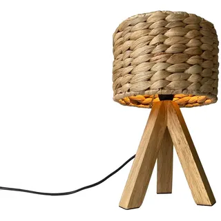 meineWunschleuchte Tischleuchte mit Holz & Wasserhyazinthe, Höhe 26cm, ohne Leuchtmittel, kleine Boho Nacht-Tischlampe skandinavisch mit Holzfuß & E14 Schirm beige