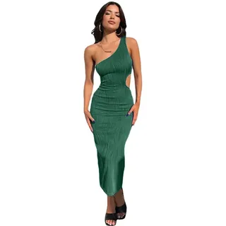 QKEPCY One Shoulder Kleid Sommerkleid Damen Kleider Asymmetrisch Figurbetont Midikleid Partykleid Cocktailkleid Abendkleid Elegant Schulterfreies Bodycon Knielang Sexy Hochzeitsgast Schulterfrei - S-L