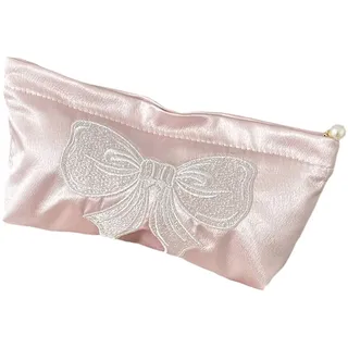 LUCKGONI Stilvolle Kosmetiktasche mit schimmernder Schleife, für Make-up, Aufbewahrung, Reise-Organizer, Satinstoff für Damen und Mädchen