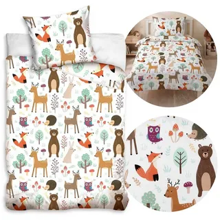 Sarcia.eu Kinderbettwäsche Kinder Bettwäsche Waldtiere weiß 140x200 +70x80 100% Baumwolle weiß