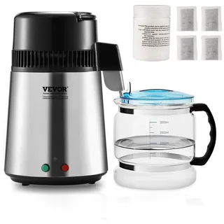 Vevor Wasser-Destilliergerät 4 L Gereinigtes Wasser Reiniger Filter, 750 W Destilliertes Wasser Maker, Edelstahl Innenraum Destilliergerät Wasser Silber Haushalt 1 l/h, 24 l/Tag, innen aus lebensmittelechtem hohe Effizienz bei der Reinigung von