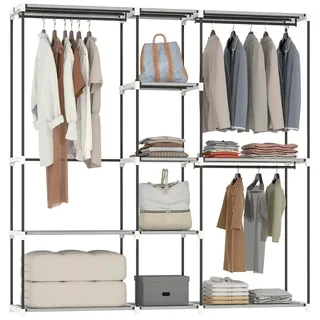 Offener Kleiderschrank mit 8 Regalböden und 3 Kleiderstangen, 182x43x185 cm, Hellgrau - 120 kg belastbar - 16 mm Metallrohr - werkzeugloser Aufbau - Grau