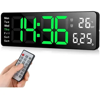 Digitale Led-wanduhr Mit Fernbedienung, Countdown-timer, Einstellbarer Helligkeit, Wanduhr Für Wohnzimmer Und Küche (13 Zoll, Grün)