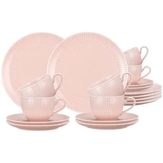 Seltmann Weiden Amina Kaffeeservice 18-teilig, Kaffeetassen mit Untertassen (250 ml) und Frühstücksteller (23 cm) für 6 Personen, Geschirr-Set mit dezentem Relief-Muster, Porzellan, Rosé