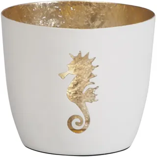 Seaside No.64 - Maritime Windlichter Baltic aus Metall mit ausgestanzten Motiven - Verschiedene Farbkombinationen für Teelichter & Stumpenkerzen in Haus und Garten (Seepferdchen - weiß, Gold)
