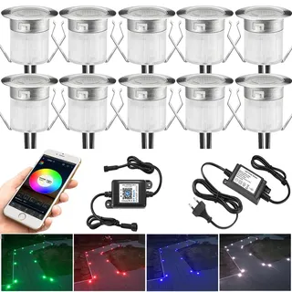 10er RGB Led Bodeneinbauleuchten Aussen Bluetooth , Ø30mm 12V Led Bodeneinbaustrahler Dimmbar, 0.5W IP67 Wasserdicht Einbaustrahler Außen Terassenbeleuchtung Bodenspots für Terrasse Garten Küche