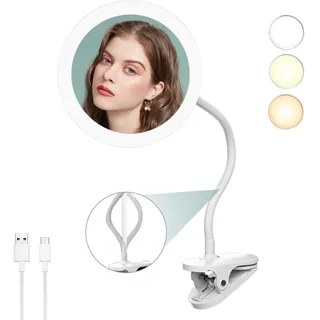 TUSHENGTU 6.5" kosmetikspiegel mit Beleuchtung mit Schwanenhals, Flexibler Vergrößerungsspiegel mit LED Licht, USB wiederaufladbar Tisch rasierspiegel dusche, reisespiegel,Weiß(T03 10X)