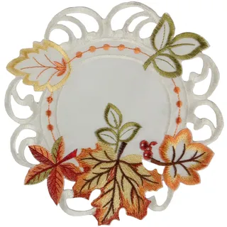 Herbst Tischläufer Tischdecke Weiß gestickt mit bunten Blätter Mitteldecke Deckchen (ca. 20 cm Rund)