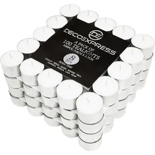 DECO EXPRESS Teelichter Großpackung, 24, 25, 50, 100 oder 200 Teelichter Lange Brenndauer 4, 8 oder 10 Stunden (Weiß, 100/8 Stunden)