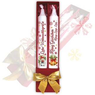 2er Set Weihnachtskerzen – Liebe Weihnachtsgrüße & Kling Glöckchen - in Geschenkverpackung mit Schleife | Sprüche auf Spitzkerzen Stabkerzen Kerzen mit Tattoofolie im Geschenkset