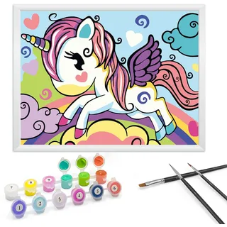 Zimrobin Malen Nach Zahlen ab 5 6 7 Jahre Mädchen und Junge, Malen Nach Zahlen für Kinder mit Rahmen 3 Pinsel und Acrylfarben, 18 X 24cm(Regenbogen und Einhorn)