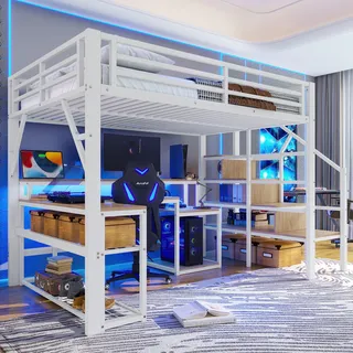 BTM Hochbett 140x200 mit Schreibtisch Metall Hochbett Kinderhochbett mit Rausfallschutz, Stauraum, LED-Lichtleiste (ohne Matratze), Weiß