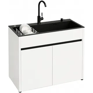 Spülenschrank Edelstahl Freistehend 68/80cm Küchenspüle mit Unterschrank Mischbatterie und Teleskop-Abtropfgestell für Waschküche Garage Werks...