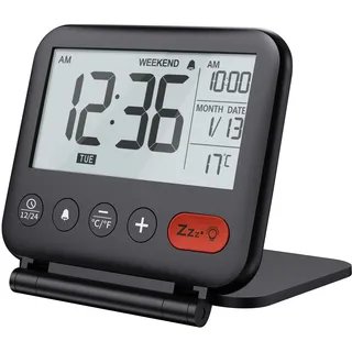 NOKLEAD Mini Digital Wecker - klein modern reisewecker mit temperaturanzeige, Datum, LCD Display, Snooze und Hintergrundbeleuchtung, batteriebetriebener tischuhr für Faltbarer Reise wecker (Schwarz)