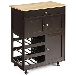 COSTWAY Küchenwagen, mit Arbeitsplatte, Servierwagen mit Weinregalen, Holz braun