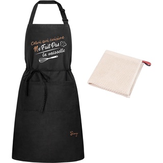 Sienzo Küchenschürze Wasserdicht für Männer Damen, Verstellbare Schwarze Schürze mit Taschen, Grillschürze für BBQ,Küche, Restaurant, Café(1x Schürze + 1 X Küchentuch)