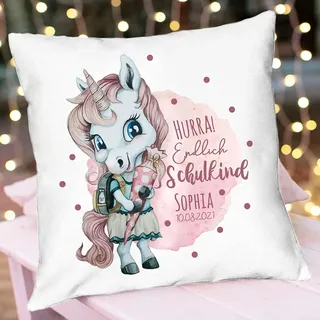 ilka parey wandtattoo-welt Kissen Einschulung Einhorn Mädchen rosa Schultüte Spruch Hurra endlich Schulkind & Name Datum Spruchkissen inkl Füllung Dekokissen Bedruckt ks344