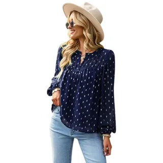CHOUBAGUAI Damen Polka Dot Print Babydoll Shirt V Ausschnitt Chiffon Top Sommer Tops Casual Lose Button Up Langarm Flowy Shirt Shirt - Dunkelblau, XL - XL