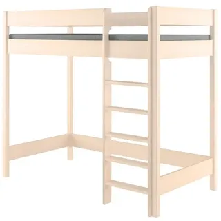 Hochbett 180x80 Kinderbett mit Rausfallschutz & Lattenrost naturbelassen 80 x 180 für Mädchen und Jungen Massivholz Kiefer und MDF Möbelplatte, - Naturbelassen