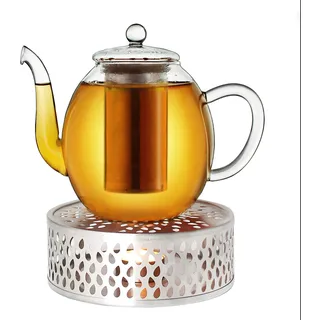 Creano Teekanne aus Glas 1,0l + EIN Stövchen aus Edelstahl, 3-teilige Glasteekanne mit integriertem Edelstahl Sieb und Glasdeckel, ideal zur Zubereitung von losen Tees, tropffrei
