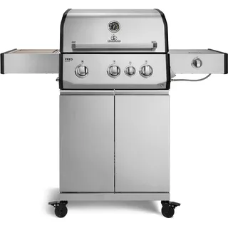 BURNHARD® Gasgrill 2 Edelstahl-Stabbrenner à 3,75 kW, 1 Infrarot-Keramikbrenner 3,75 kW, Infrarot-Keramikheckbrenner 3,2 kW, Seitenkochfeld, Gussrost, Piezo-Zündung – FRED Deluxe