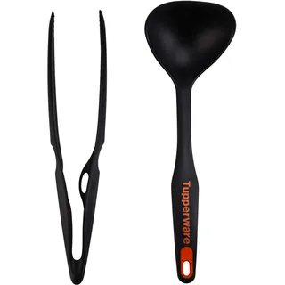 Tupperware Griffbereit Küchenhelfer Grillzange (p) schwarz + Griffbereit Schöpfkelle Küchenzange (inkl. Katzen Magnet) (2 Stück, Edelstahl, Modern, Schwarz)
