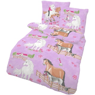 LINKHOFF Pferde Bettwäsche Set 135x200 für Mädchen Kinder Rosa - Pferd Pony Kinderbettwäsche - Renforce Baumwolle - Kissen 80x80 + Bettbezug