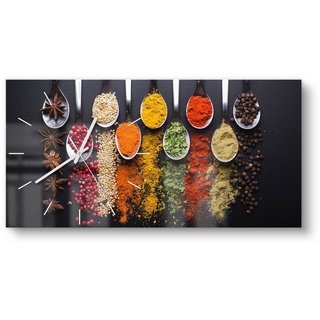 DEQORI Wanduhr 'Kochlöffel mit Gewürzen' (Glas Glasuhr modern Wand Uhr Design Küchenuhr) bunt|silberfarben