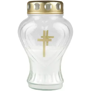 HS Candle Grablicht Glas in Herzform (Weiß), Grabkerze mit ca. 45h Brenndauer