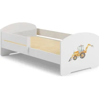Kinderbett Dorian, Kinderbett für Schlafzimmer, Einzelbett mit Kommoden, Struktur mit ausziehbarem Bett, 85x164 h63 cm, Weiß mit Bagger - Weiß