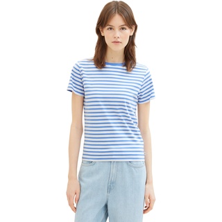 Tom Tailor Denim Damen Boxy Fit T-Shirt mit Streifen aus Bio-Baumwolle, 34675 - White Mid Blue Stripe, XL