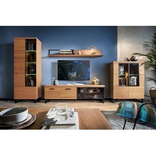 Stylefy Wohnwand »Perfecto I Massivholz«, (Set (5-St), Wohnmöbel), 5-teilig, wahlweise mit LED-Beleuchtung, aus Massivholz, Glaselemente, Metall